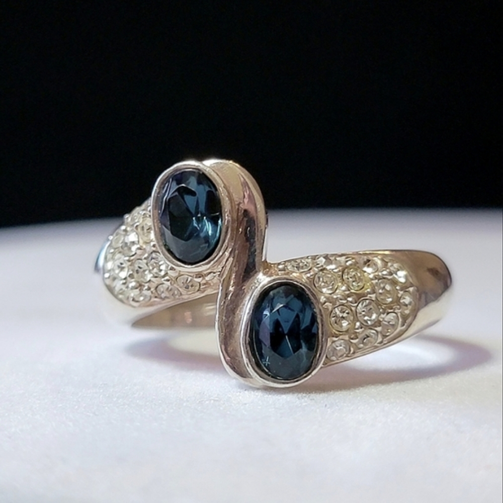 Vintage Silver Tone Faux Diamond and Sapphire Bypass RingSize 12.5